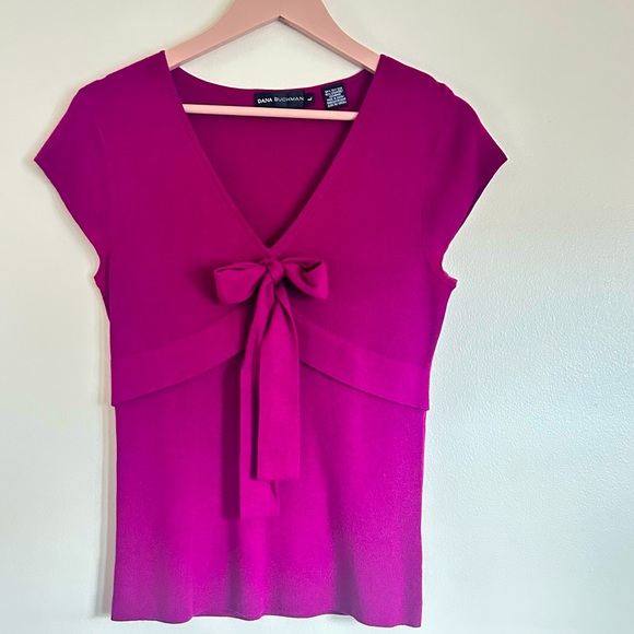 Dana Buchman Magenta Silk/Cashmere Cap Sleeve with Tie Front Sweater Size Large - Picture 3 of 9